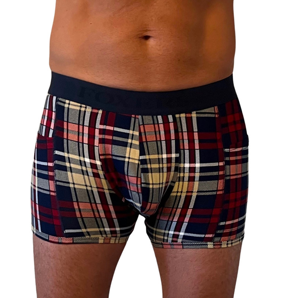 Men's Navy Dark Red Plaid Boxer Briefs with Pockets