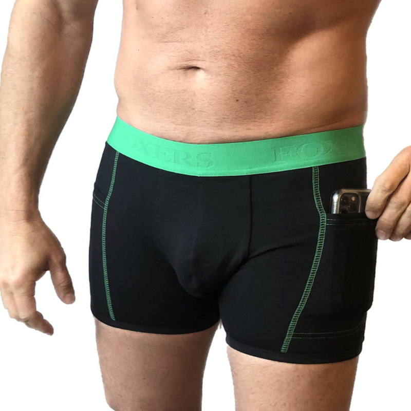 Men's Black Boxer Briefs with Kelly Green FOXERS logo band