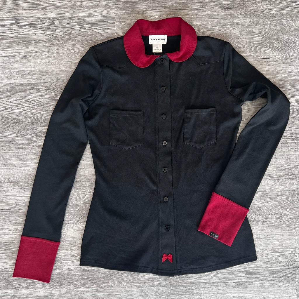 Equestrian black cotton stretch shirt dark red cuffs collar