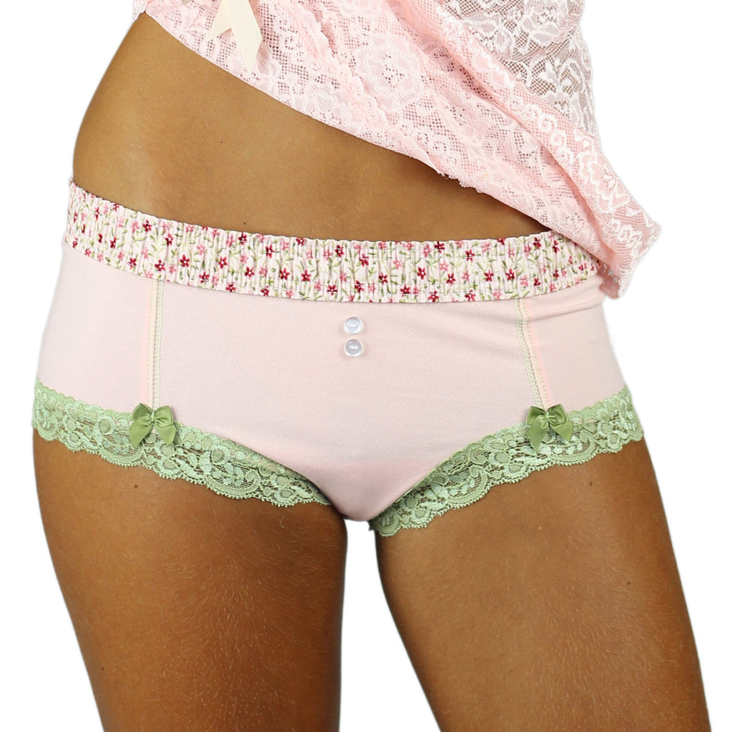 Womens Pretty Pink Cotton Boyshort Panties with Pink Posies Waistband