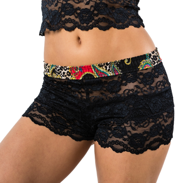 Black Lace Boxers with Leopard Paisley waistband
