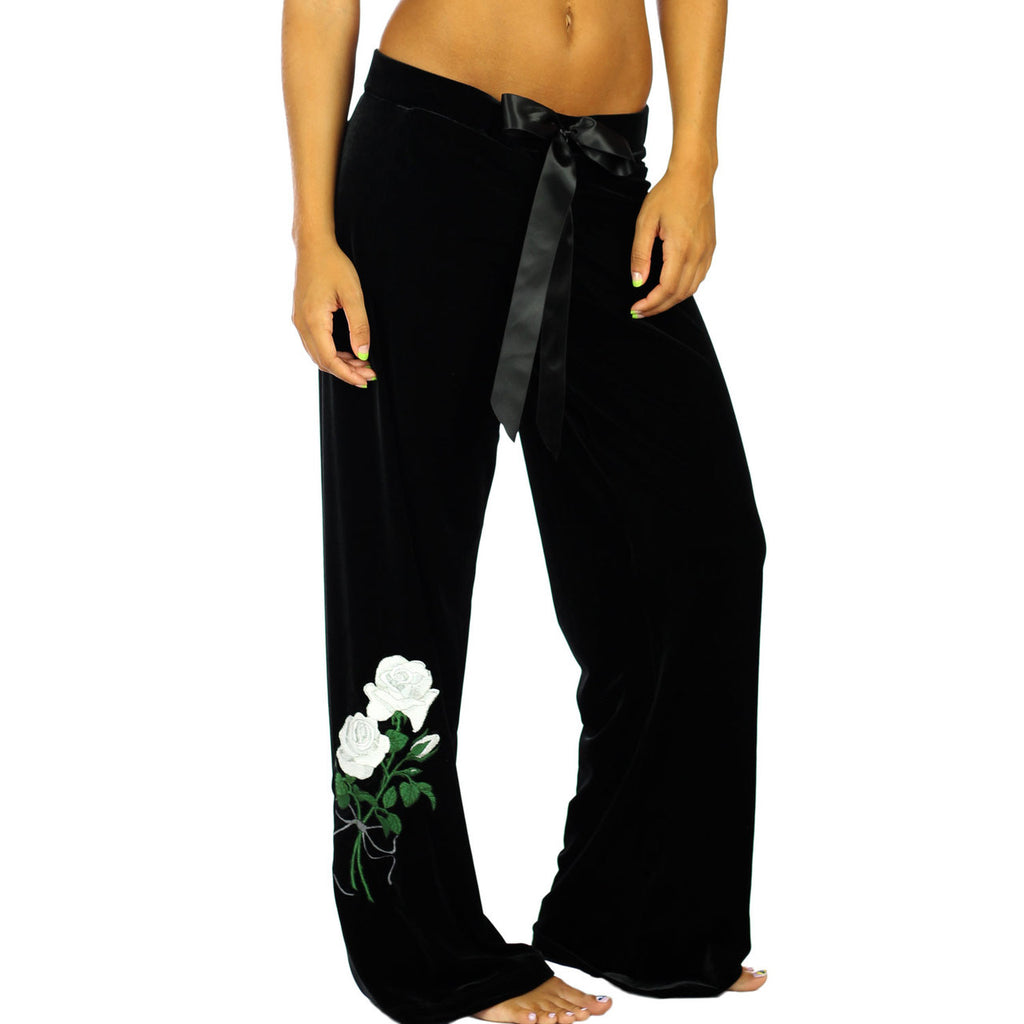 Velvet Palazzo Pants | Red or White Embroidered Roses