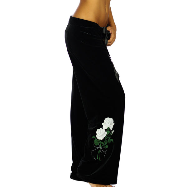Velvet Palazzo Pants | Red or White Embroidered Roses
