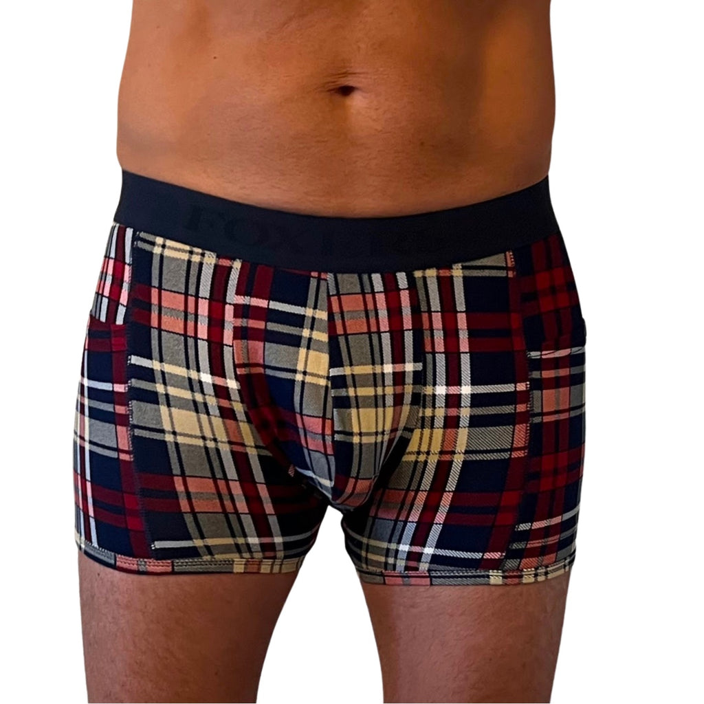 Men's Navy Dark Red Plaid Boxer Briefs with Pockets