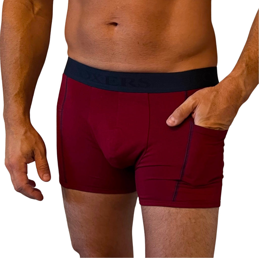 Men's Dark Red and Navy Boxer Briefs with Pockets