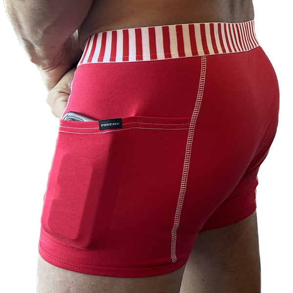 Red Men's Boxer Brief with Pockets & Red/White Stripe Elastic Band