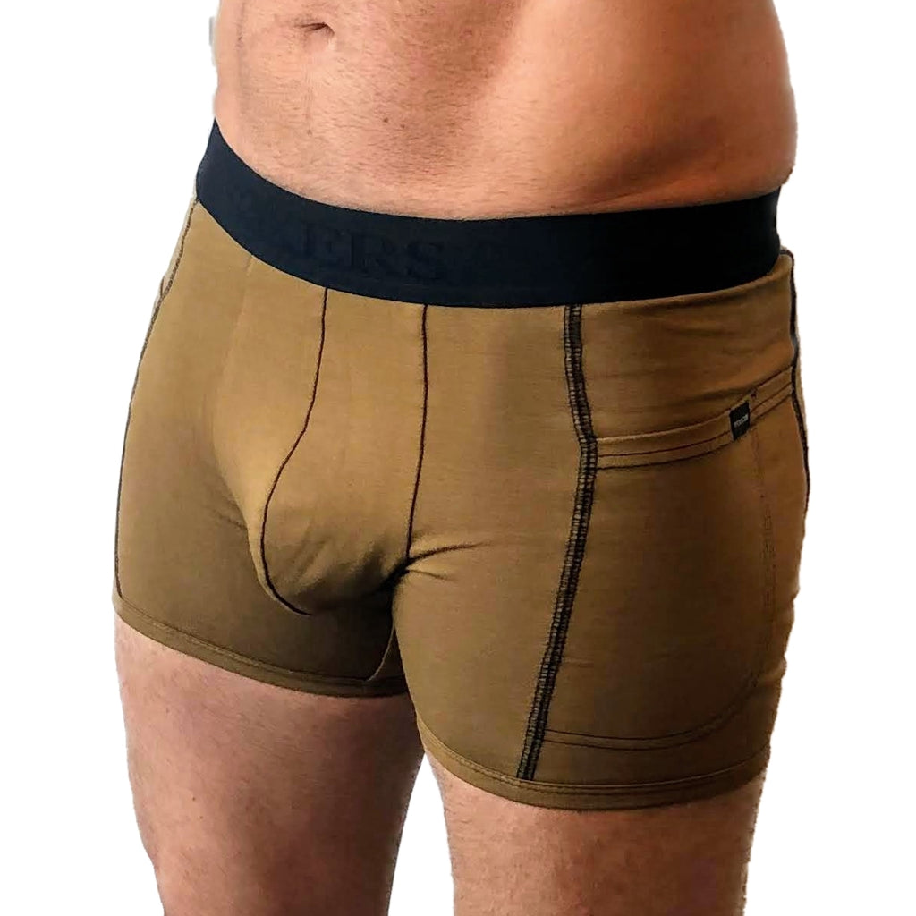 Men's Bronze Boxer Brief with Black logo band and pockets