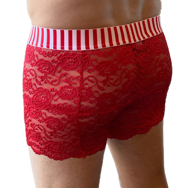 FOXERS Men's Red lace boxers with red white stripe band