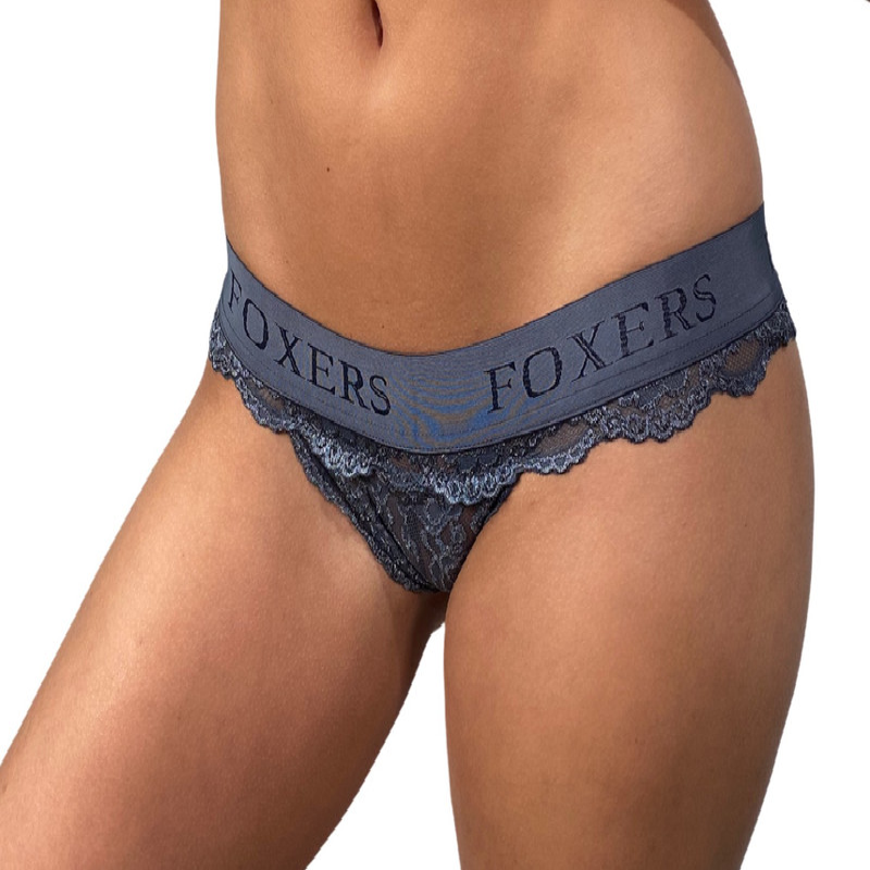 CHARGRAY LACE BIKINI BRIEF WITH FOXERS LOGO BAND