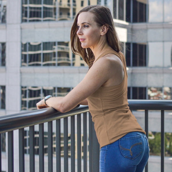 USA Made Golden Khaki Racerback Tank with Shelf Bra