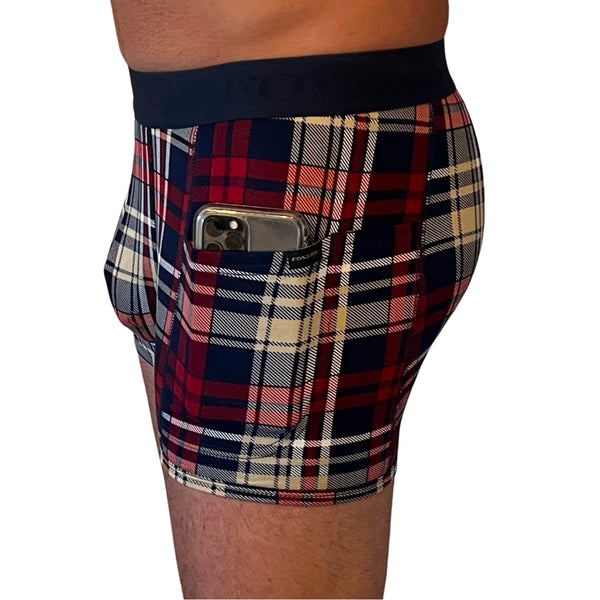 Men's Navy Dark Red Plaid Boxer Briefs with Pockets