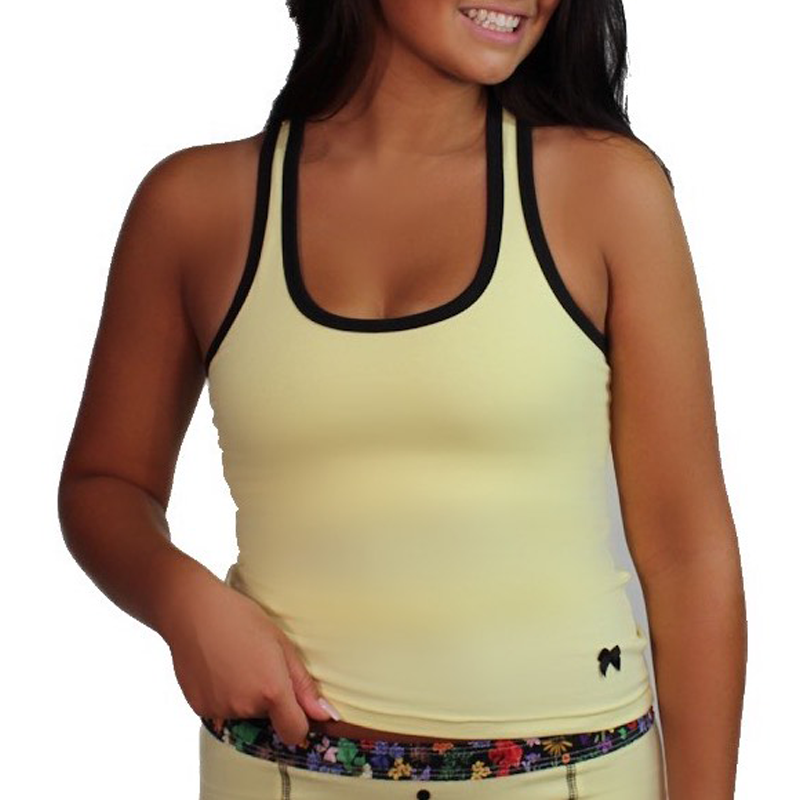 Butter yellow Foxers racerback black trim shelf bra