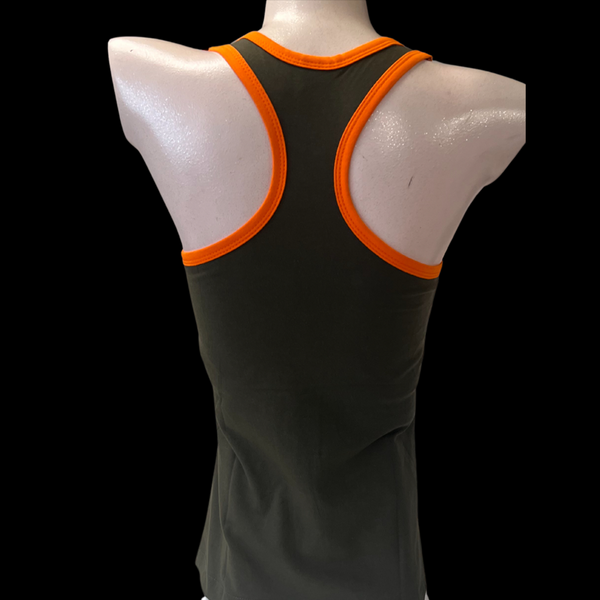 Olive Racerback Shelf Bra Tank Top with Orange Trim